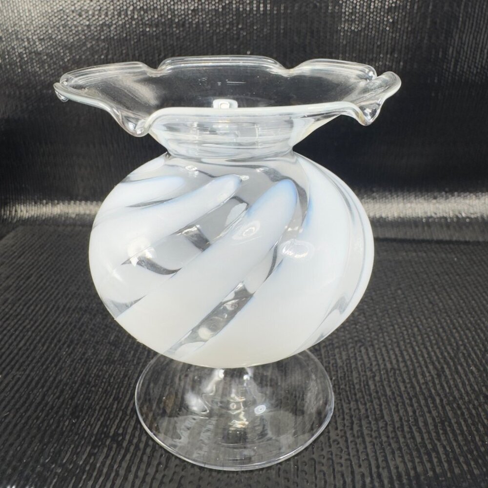 1930s Bimini Glass Vase Vessel Thin Blown Glass Delicate‎ White Clear Swirl VTG